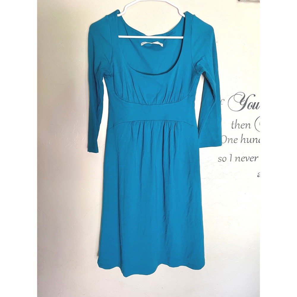 Susana Monaco Teal Blue Empire Waist Ruched Long Sleeve Dress Minimalist Office